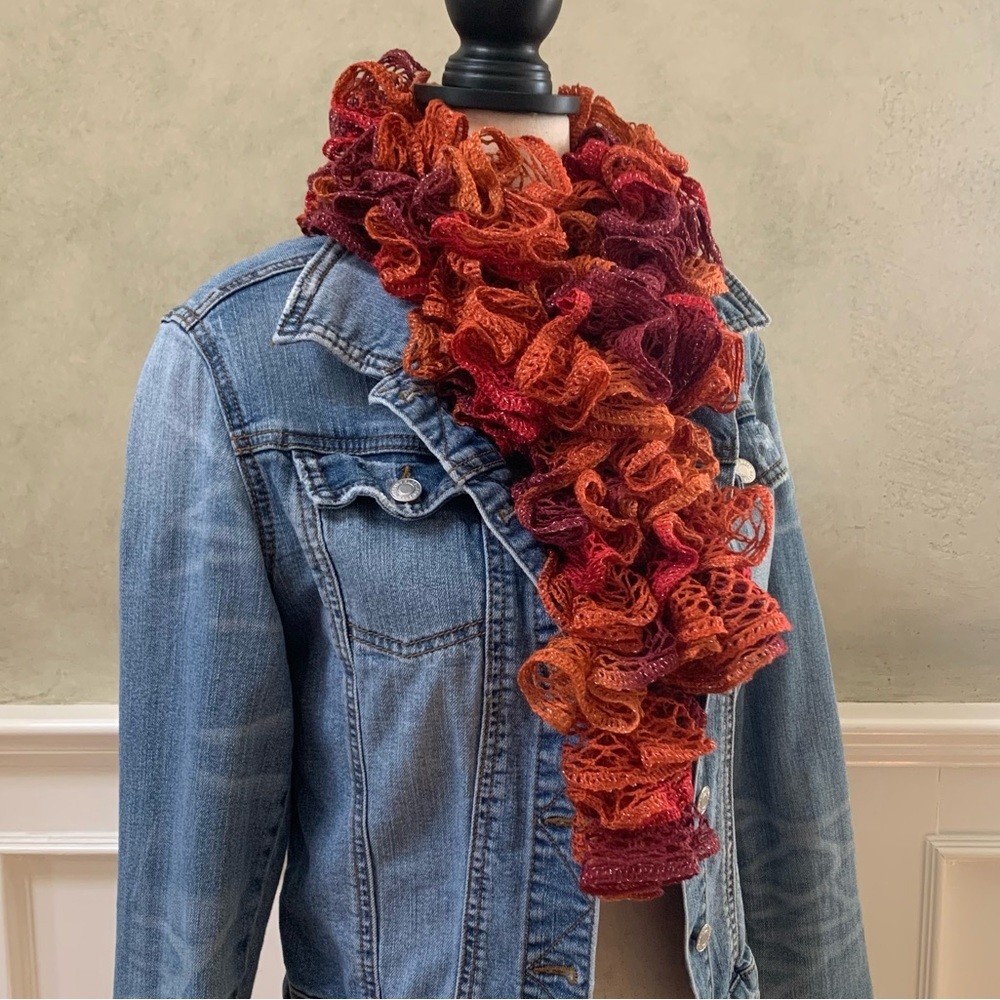Artisan Handcrafted Ruffled Crochet / Knit Scarf Burgandy Rustic Orange